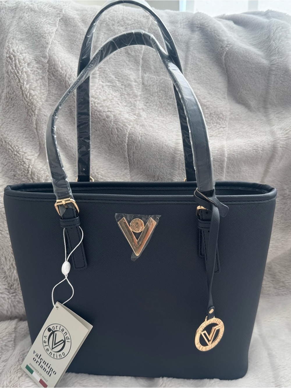 Valentino Orlandi Navy Blue Tote with Gold Logo Accents